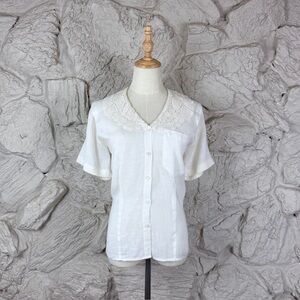 Ralph Lauren Blue Label c. 1980s Lace Collar Linen Blouse Antique White | 12